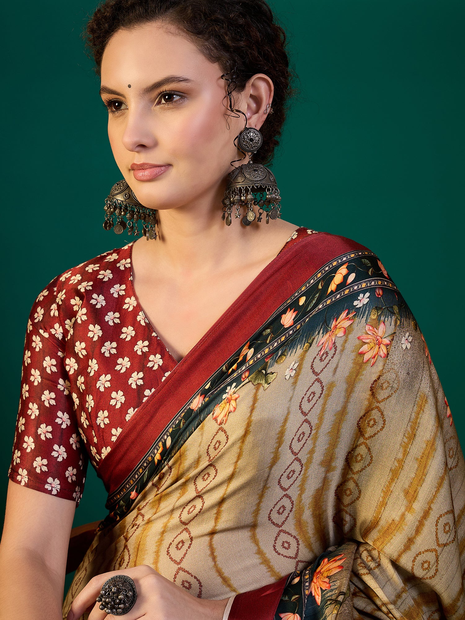 SURTAAL-Ivory Beige Floral Heritage Print Saree