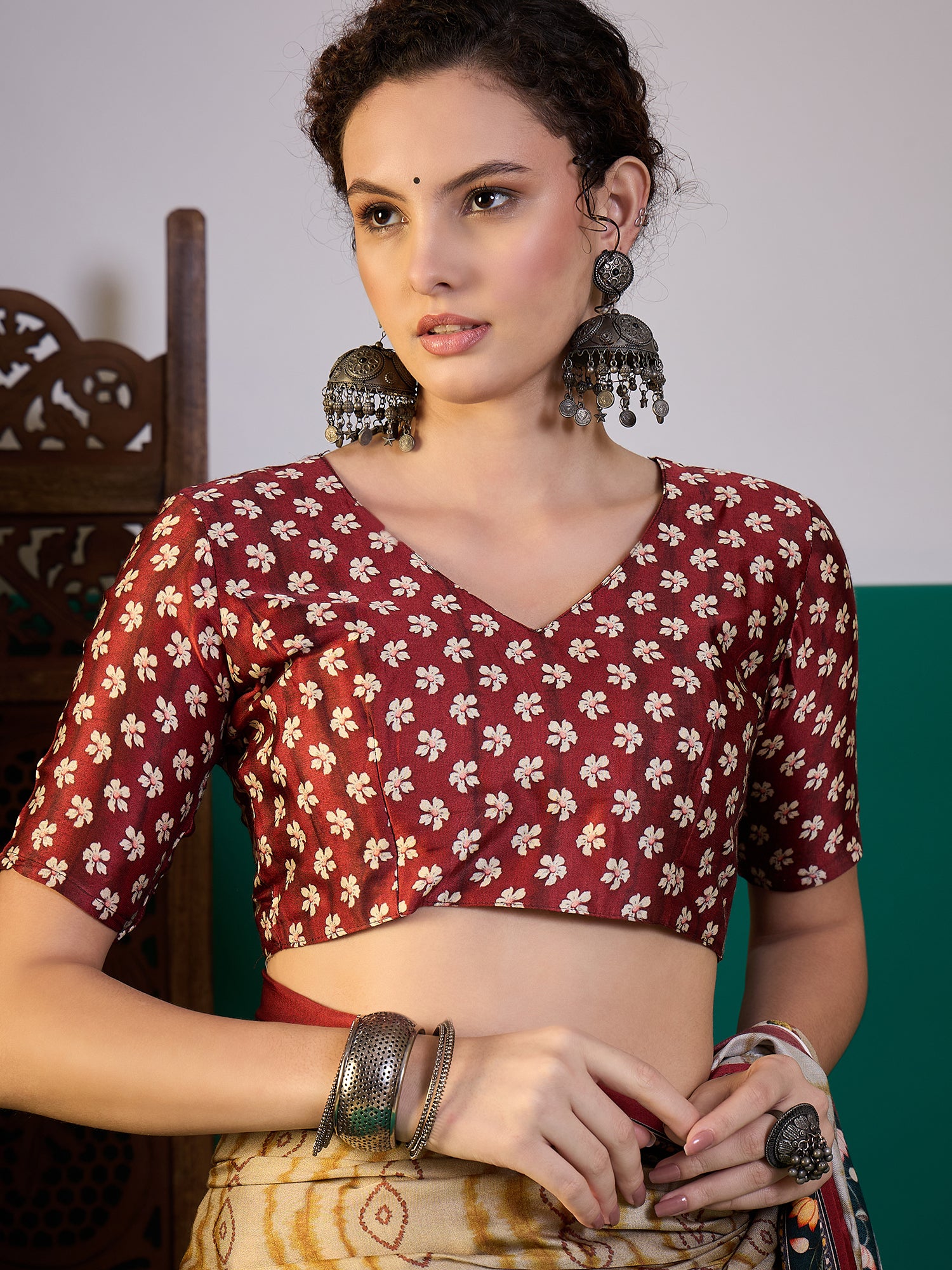 SURTAAL-Ivory Beige Floral Heritage Print Saree
