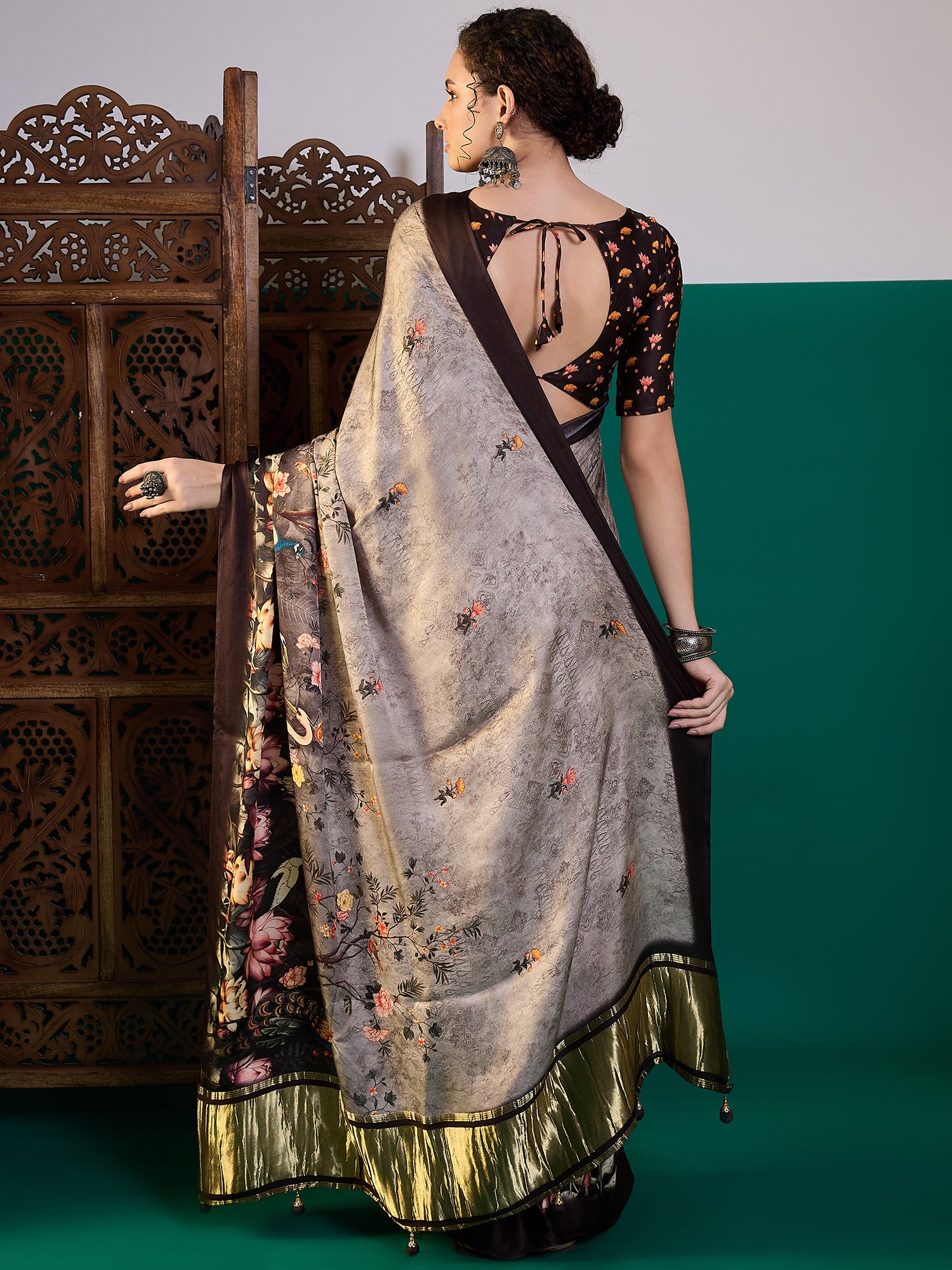 SURTAAL-Midnight Bloom Grey Floral Designer Saree