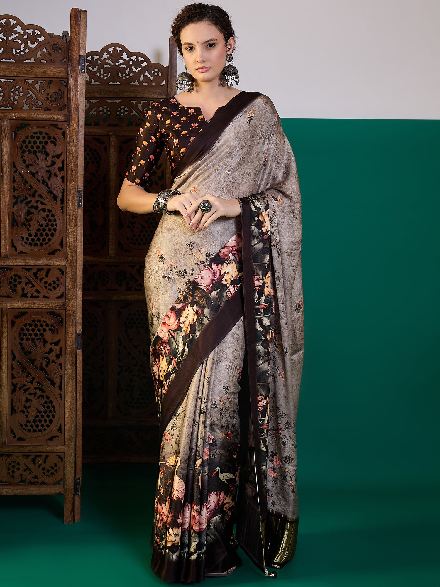 SURTAAL-Midnight Bloom Grey Floral Designer Saree