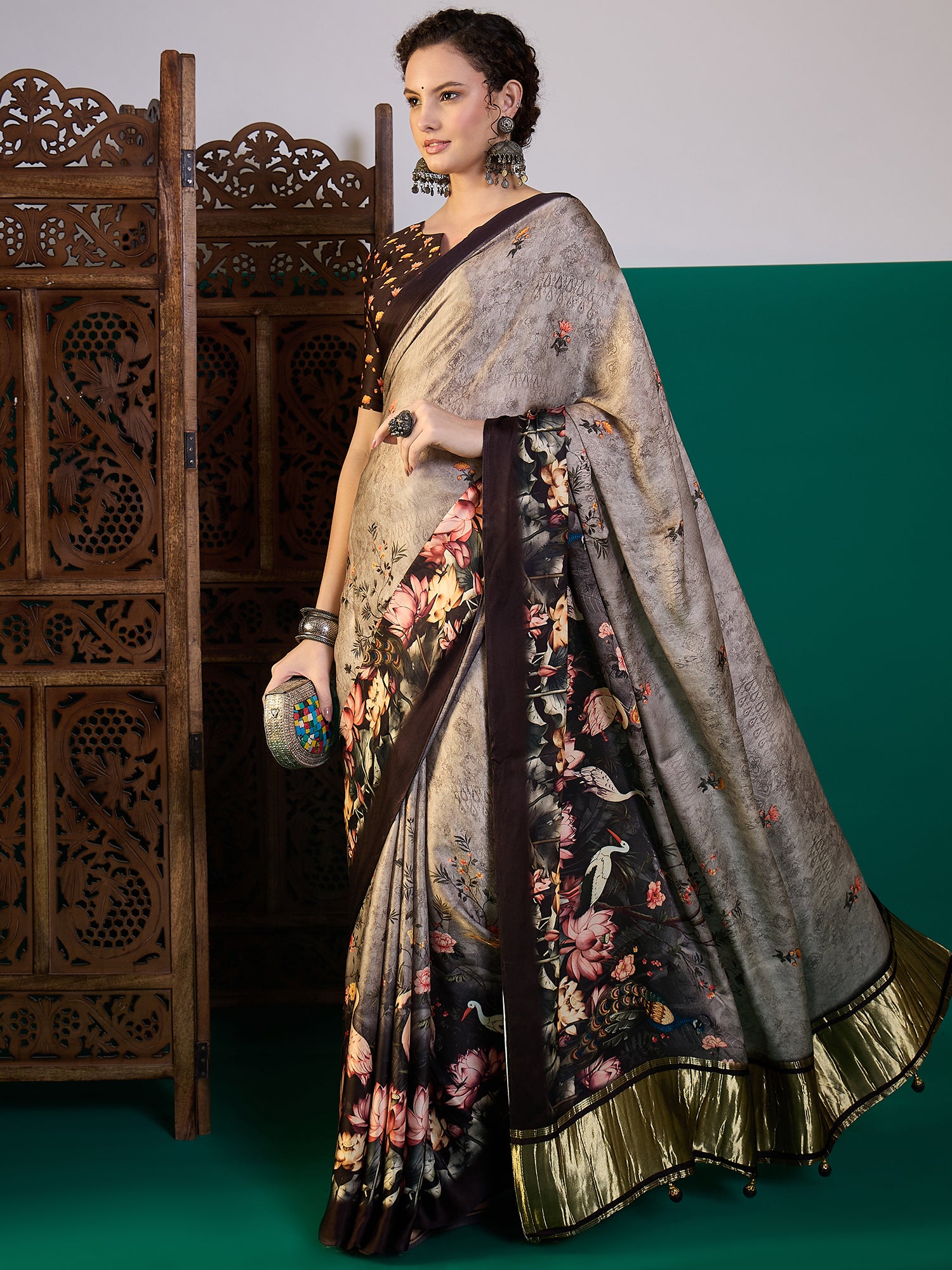 SURTAAL-Midnight Bloom Grey Floral Designer Saree