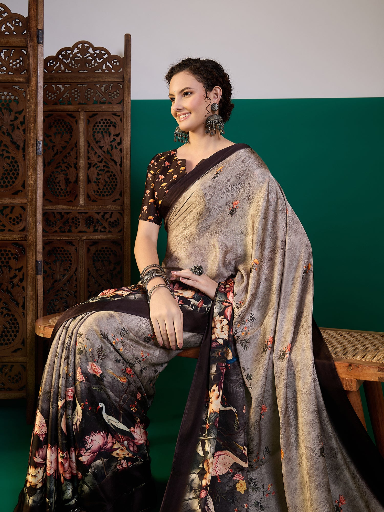 SURTAAL-Midnight Bloom Grey Floral Designer Saree