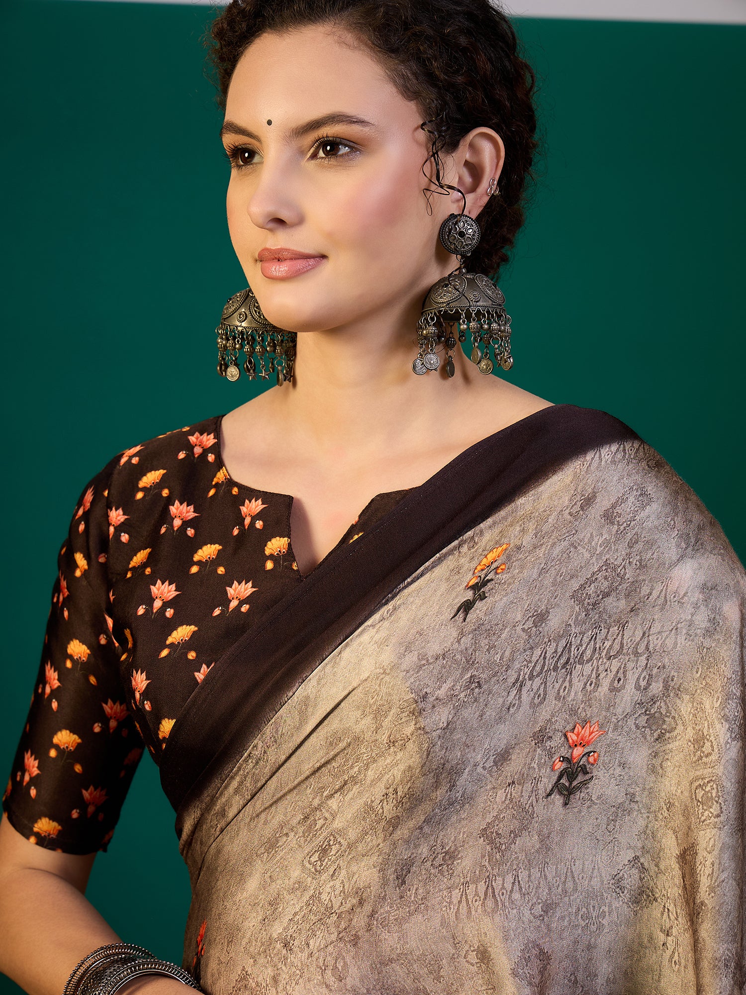 SURTAAL-Midnight Bloom Grey Floral Designer Saree