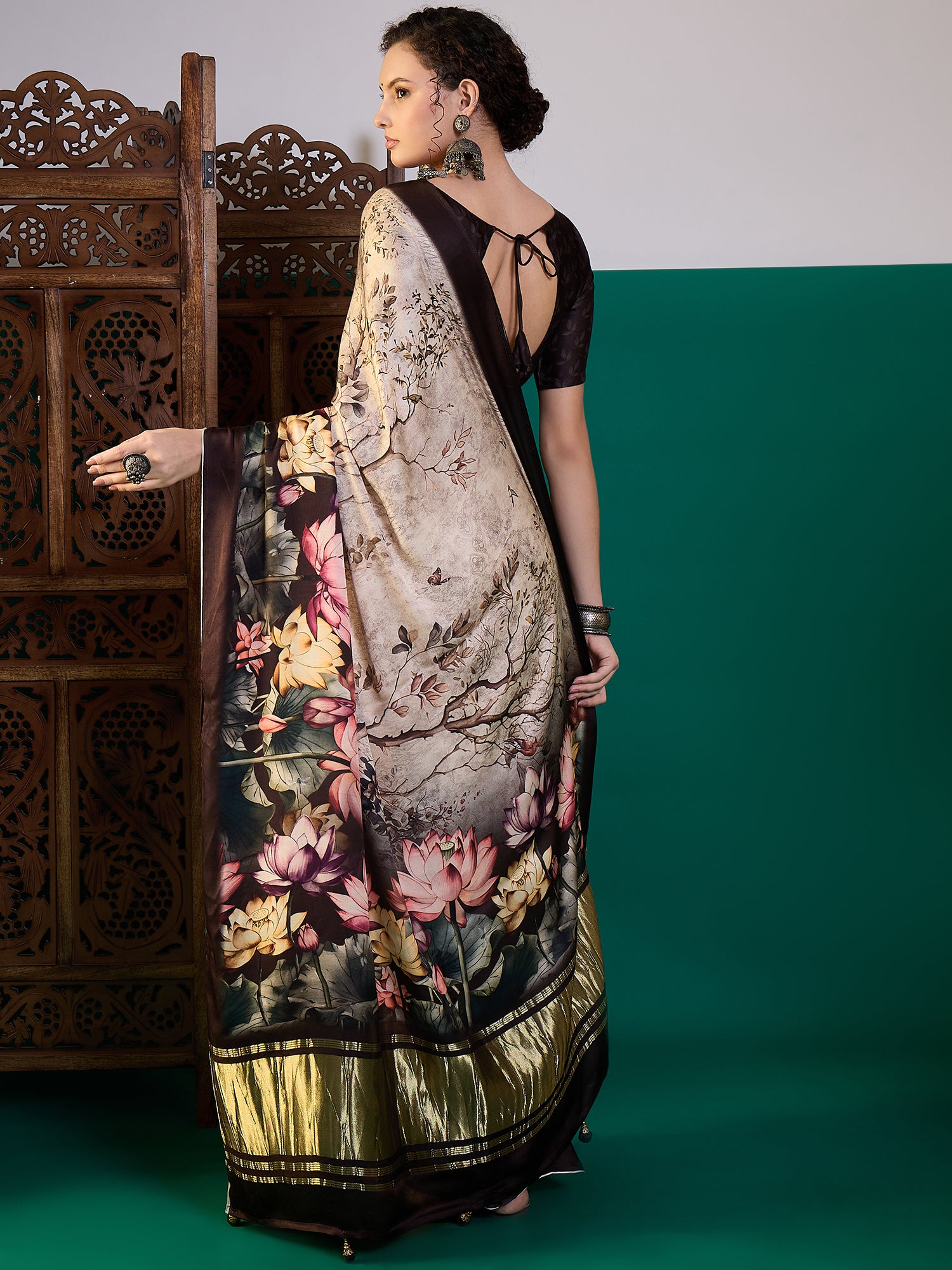 SURTAAL-Elegant beige saree adorned with artistic floral and nature-inspired digital prints