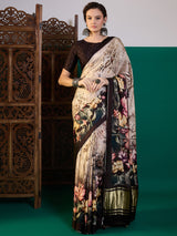 SURTAAL-Elegant beige saree adorned with artistic floral and nature-inspired digital prints