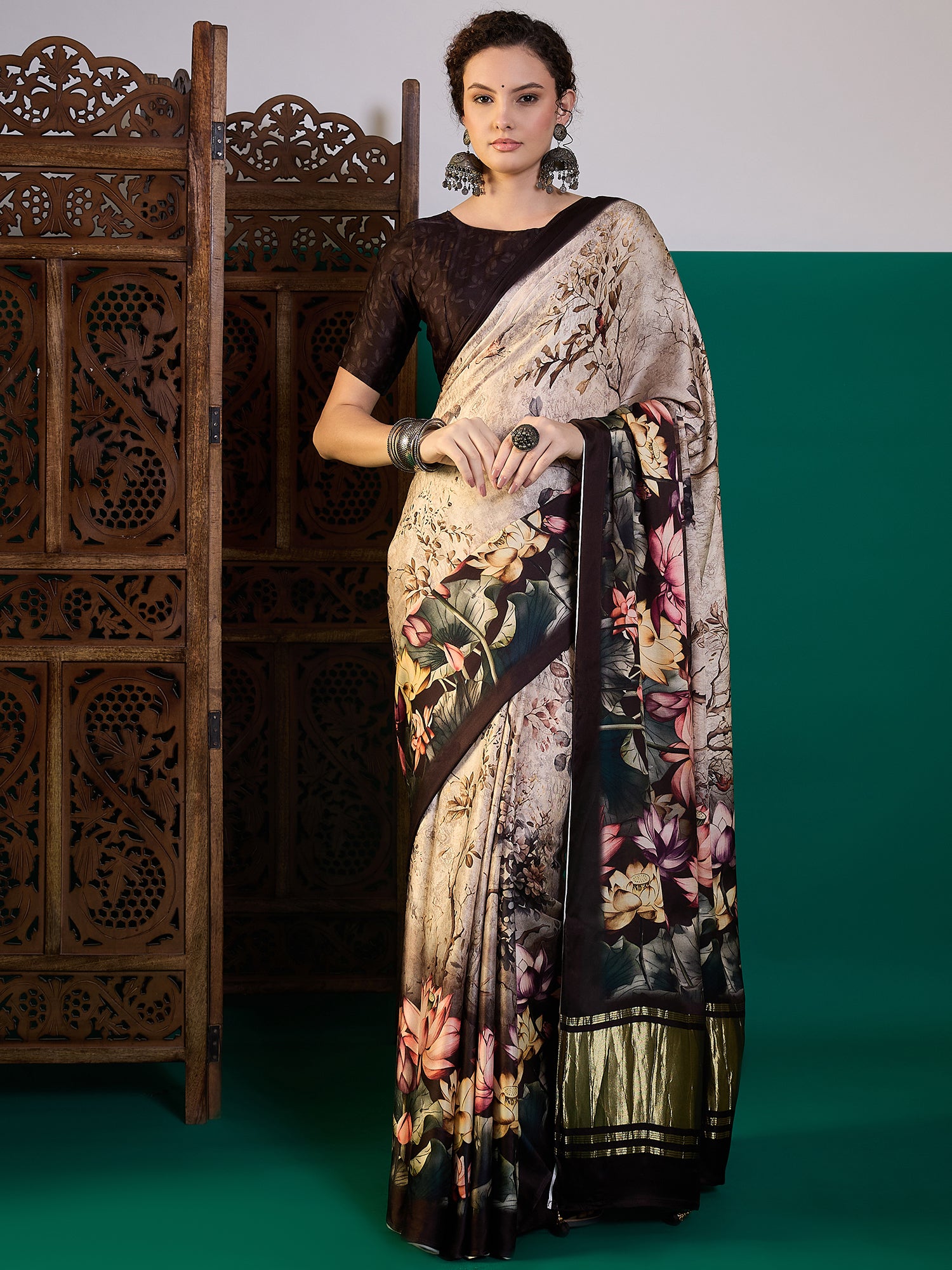 SURTAAL-Elegant beige saree adorned with artistic floral and nature-inspired digital prints