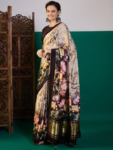 SURTAAL-Elegant beige saree adorned with artistic floral and nature-inspired digital prints