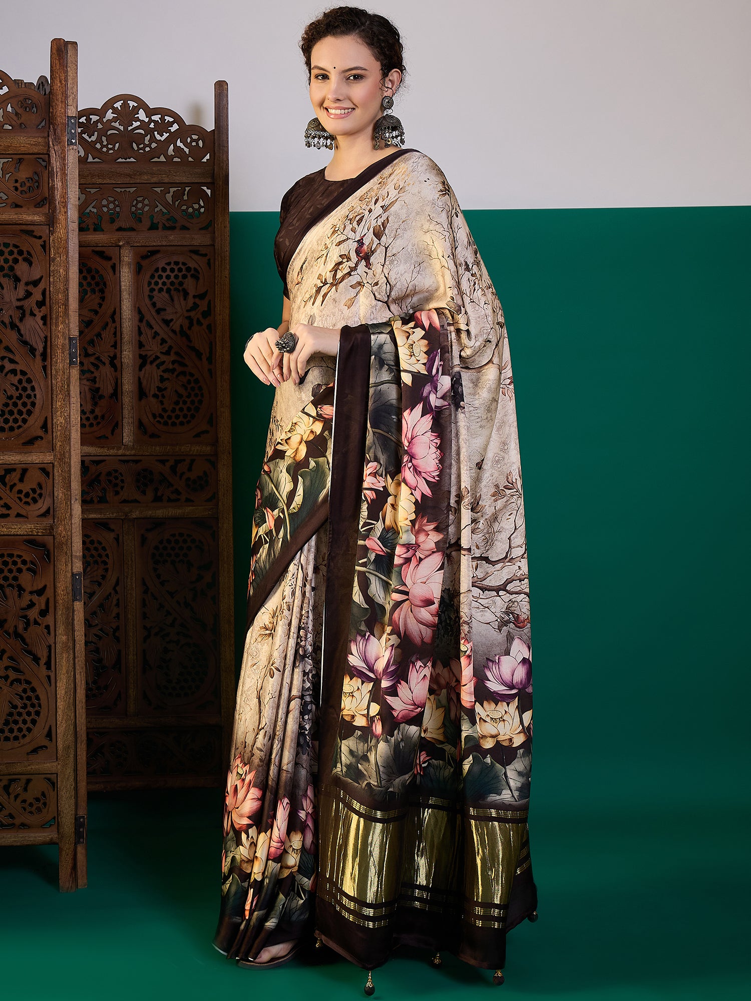 SURTAAL-Elegant beige saree adorned with artistic floral and nature-inspired digital prints