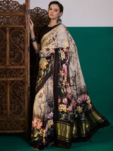 SURTAAL-Elegant beige saree adorned with artistic floral and nature-inspired digital prints