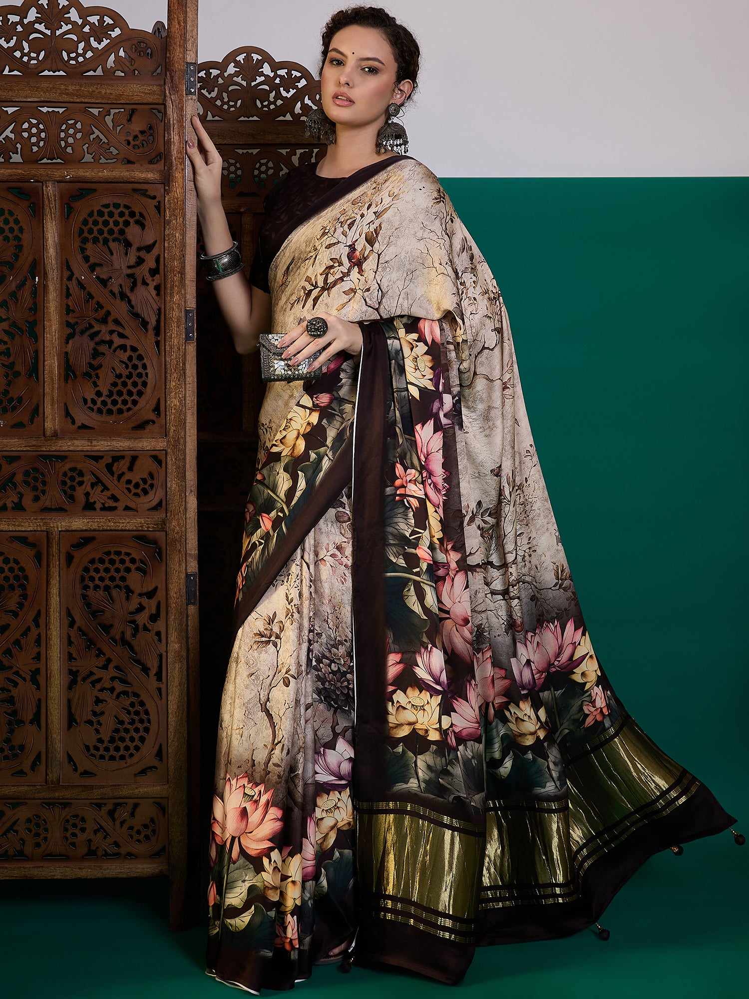 SURTAAL-Elegant beige saree adorned with artistic floral and nature-inspired digital prints