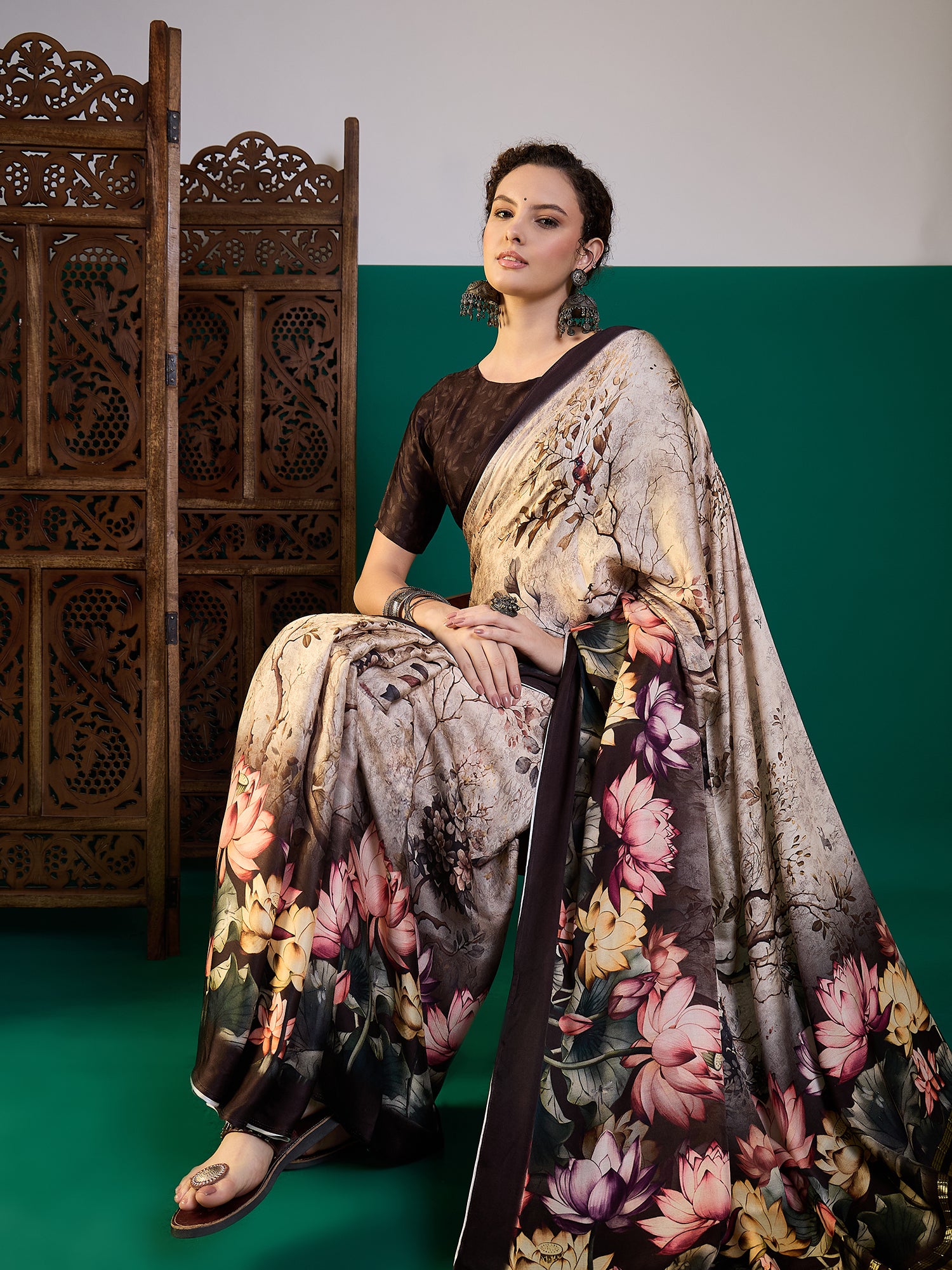 SURTAAL-Elegant beige saree adorned with artistic floral and nature-inspired digital prints