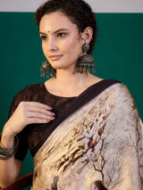 SURTAAL-Elegant beige saree adorned with artistic floral and nature-inspired digital prints