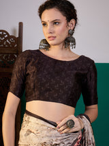 SURTAAL-Elegant beige saree adorned with artistic floral and nature-inspired digital prints