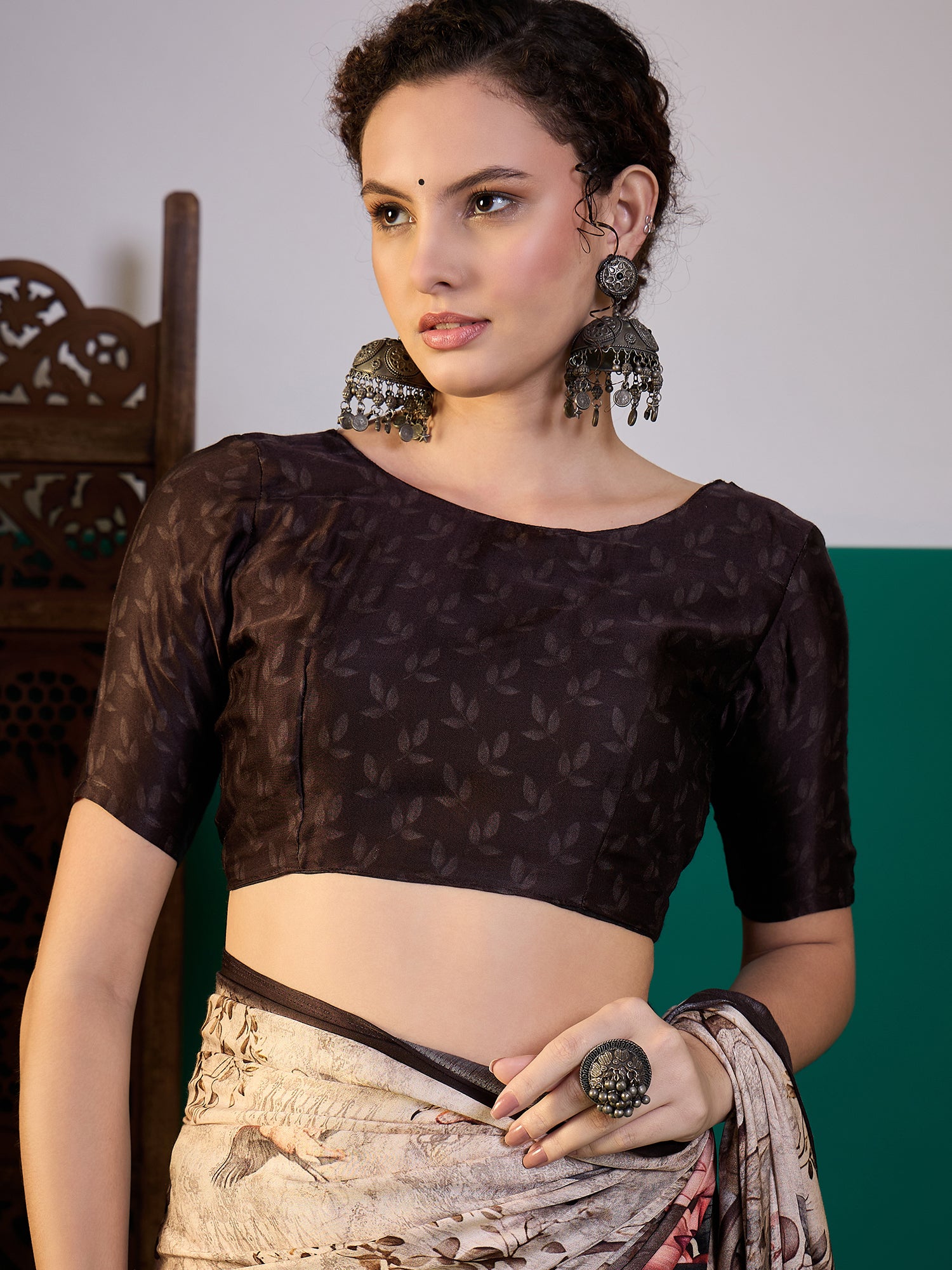 SURTAAL-Elegant beige saree adorned with artistic floral and nature-inspired digital prints