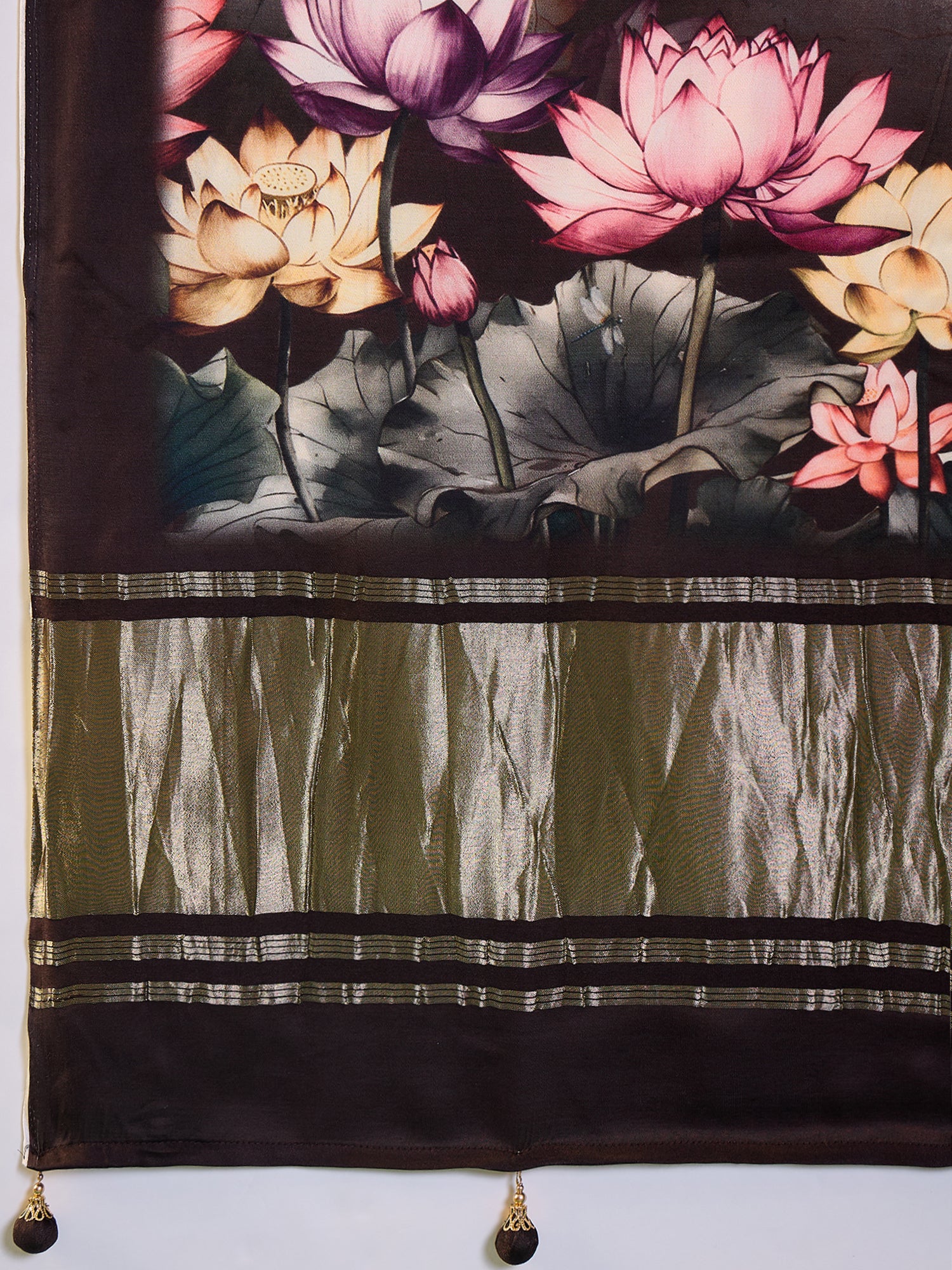 SURTAAL-Elegant beige saree adorned with artistic floral and nature-inspired digital prints