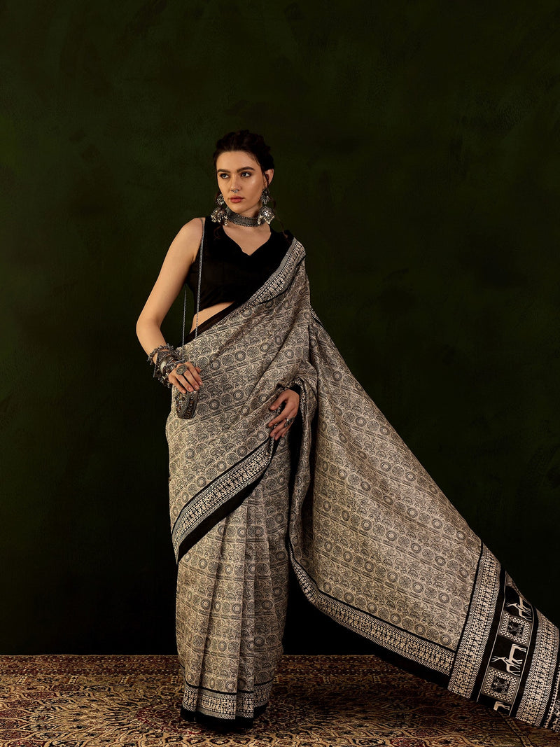 WOMANIYA Women's Silk Cotton Kalamkari Warli Print Saree - Apple Lifestyle