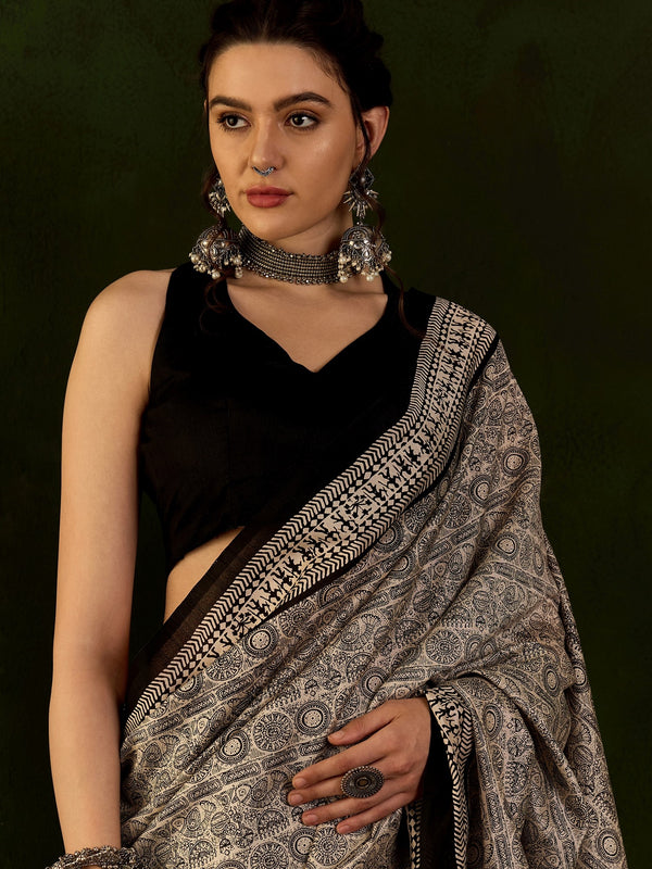 WOMANIYA Women's Silk Cotton Kalamkari Warli Print Saree - Apple Lifestyle