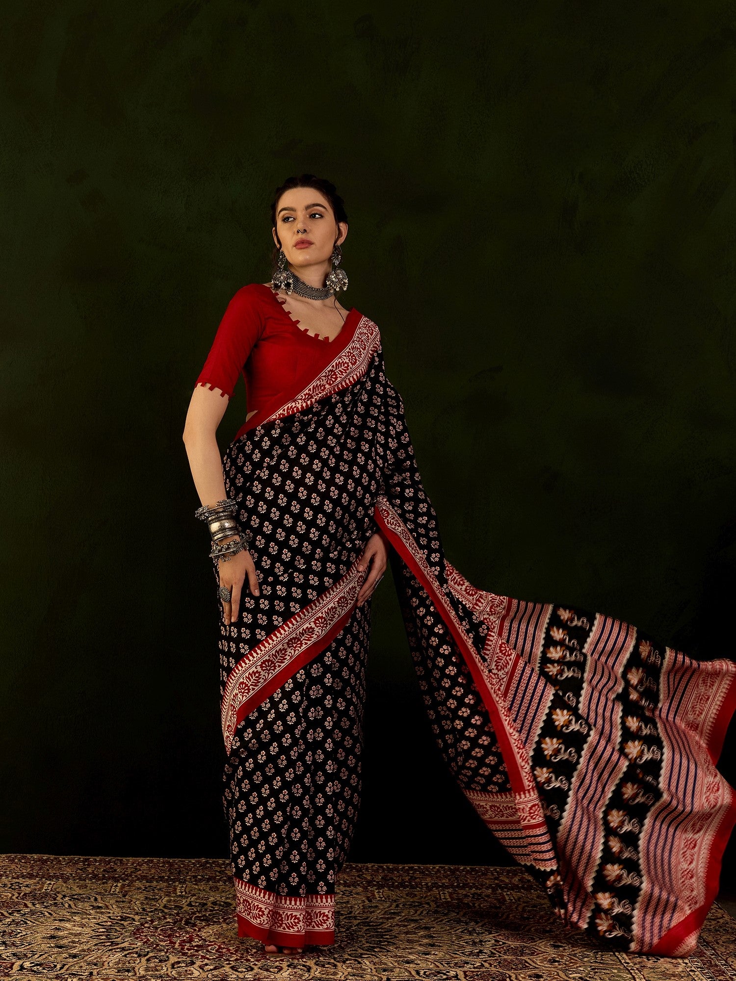 WOMANIYA Handicrafts Women's Ikat Hand Block Print Cotton silk Saree - Apple Lifestyle