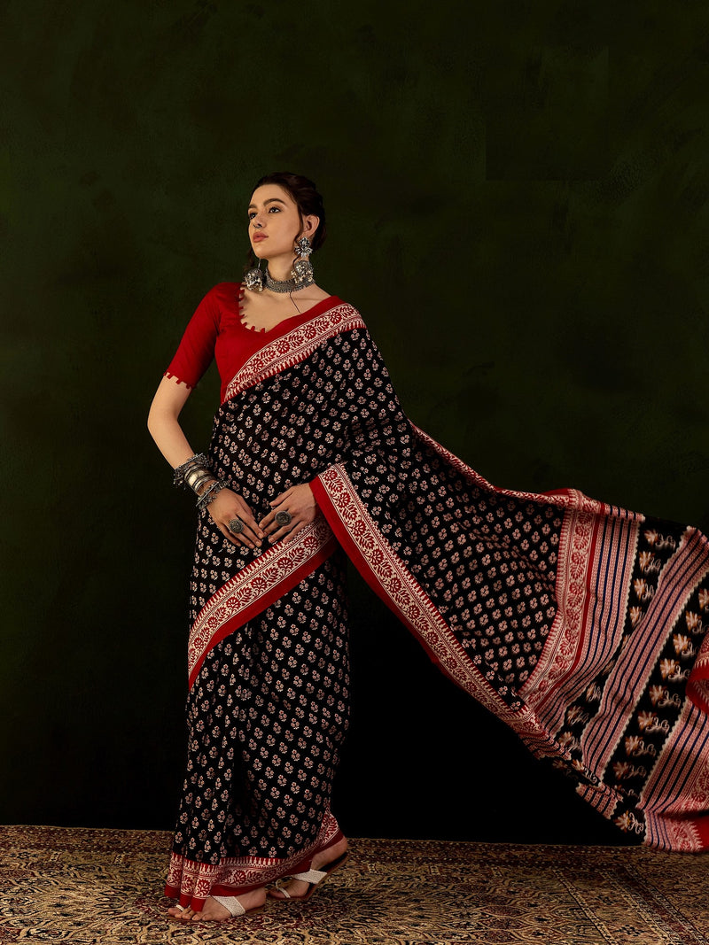 WOMANIYA Handicrafts Women's Ikat Hand Block Print Cotton silk Saree - Apple Lifestyle