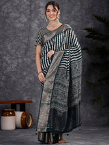 ADHIRA-Elegant Teal Blue Leheriya Printed Saree with Antique Silver Zari Border and Designer Woven Blouse for Festive & Party Wea