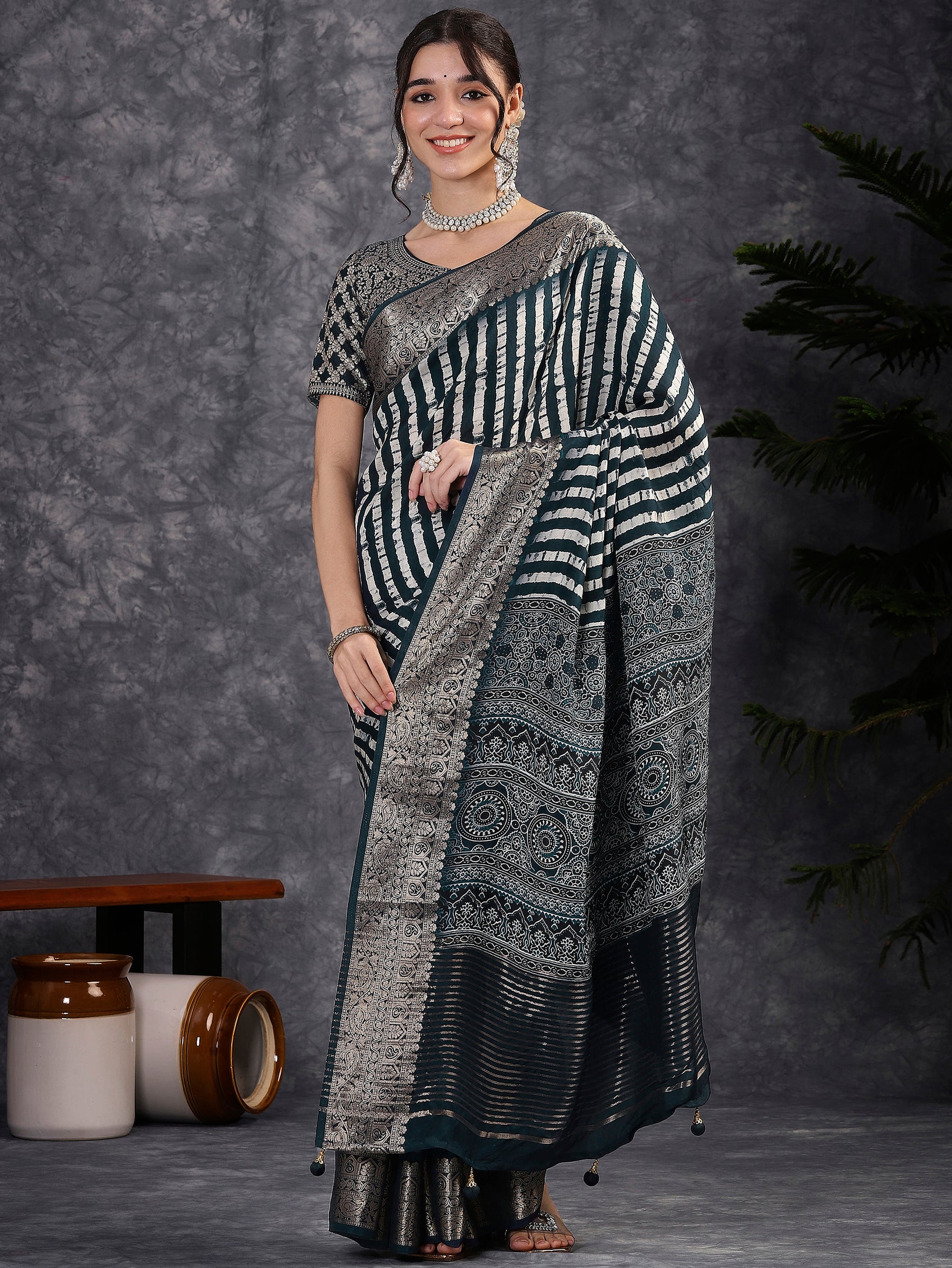 ADHIRA-Elegant Teal Blue Leheriya Printed Saree with Antique Silver Zari Border and Designer Woven Blouse for Festive & Party Wea