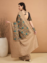 KATHAKARI-Beige Floral Printed Designer Saree with Teal Bloom Motifs