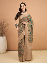 KATHAKARI-Beige Floral Printed Designer Saree with Teal Bloom Motifs
