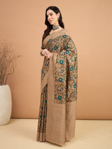KATHAKARI-Beige Floral Printed Designer Saree with Teal Bloom Motifs