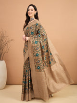 KATHAKARI-Beige Floral Printed Designer Saree with Teal Bloom Motifs