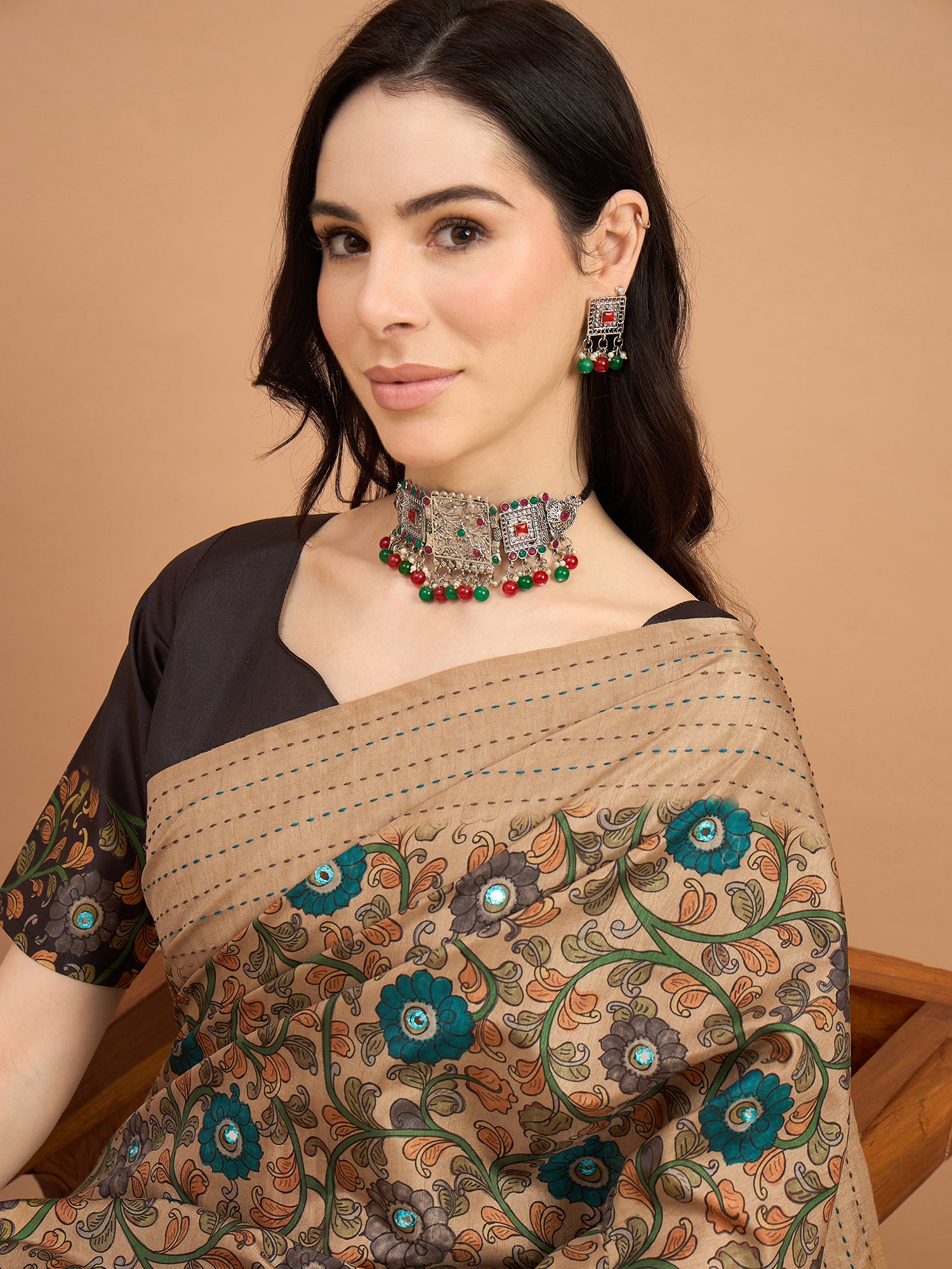 KATHAKARI-Beige Floral Printed Designer Saree with Teal Bloom Motifs
