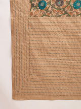 KATHAKARI-Beige Floral Printed Designer Saree with Teal Bloom Motifs