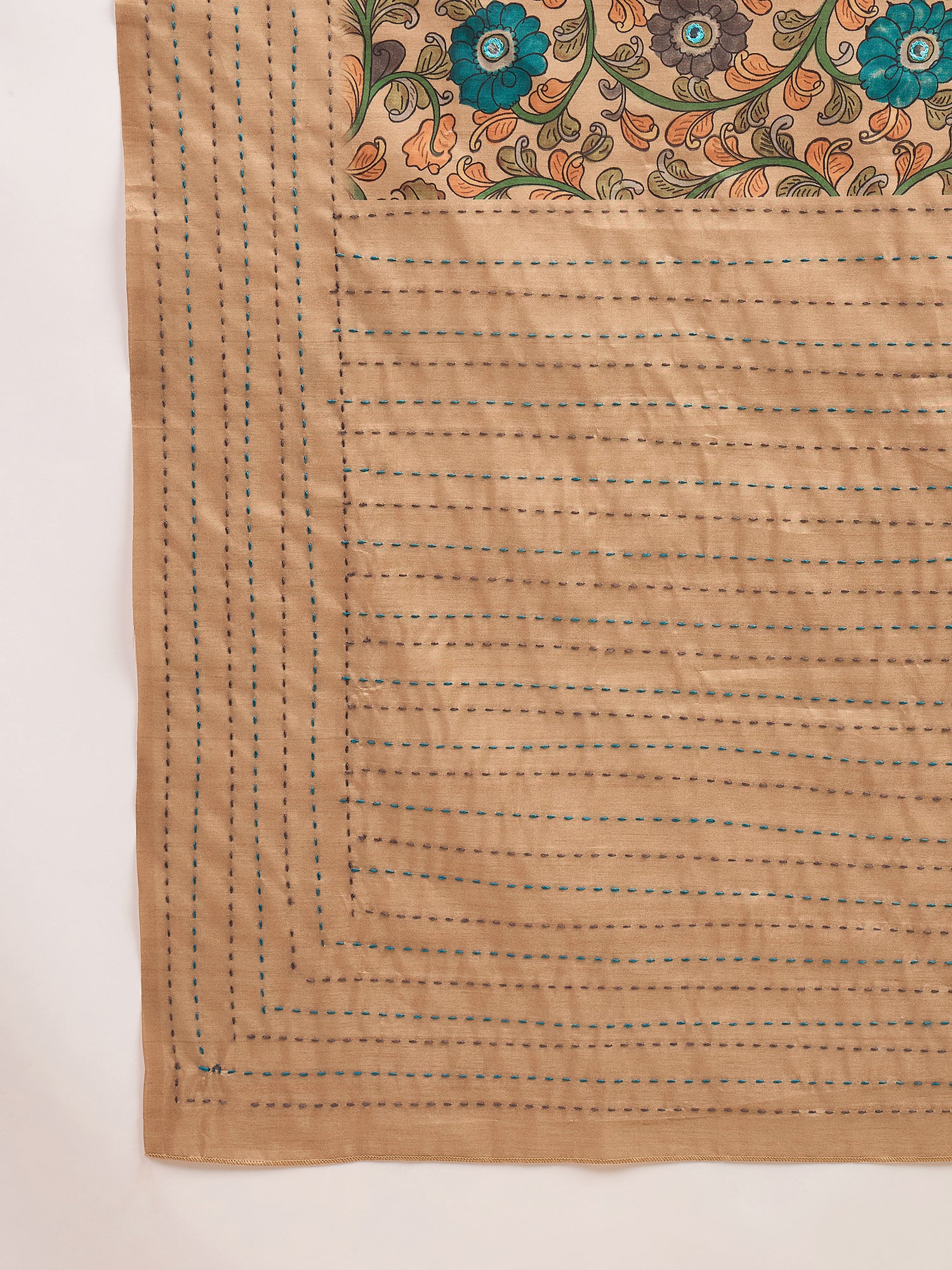 KATHAKARI-Beige Floral Printed Designer Saree with Teal Bloom Motifs