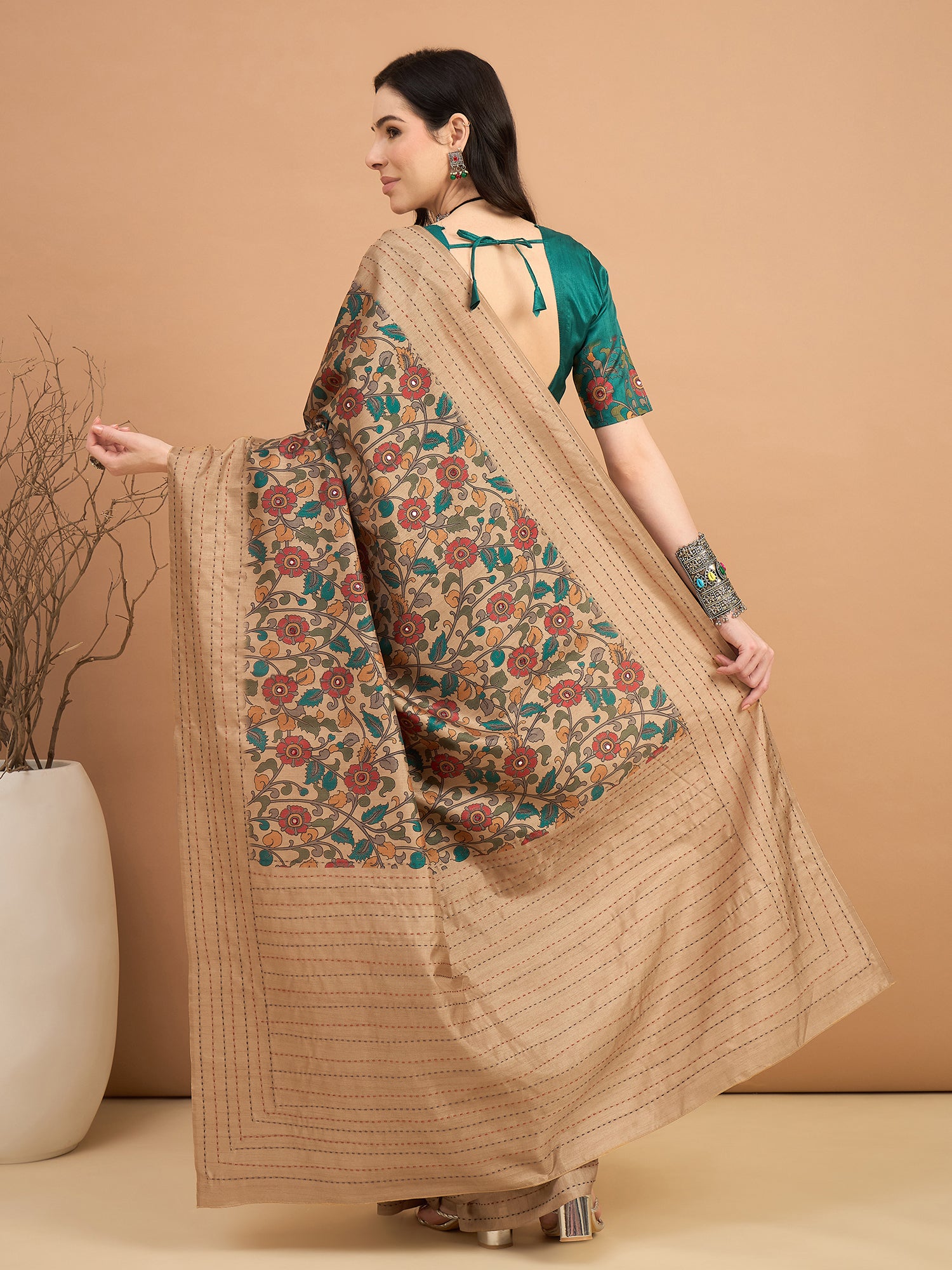 KATHAKARI-Royal Beige Floral Printed Designer Saree with Elegant Teal Blouse