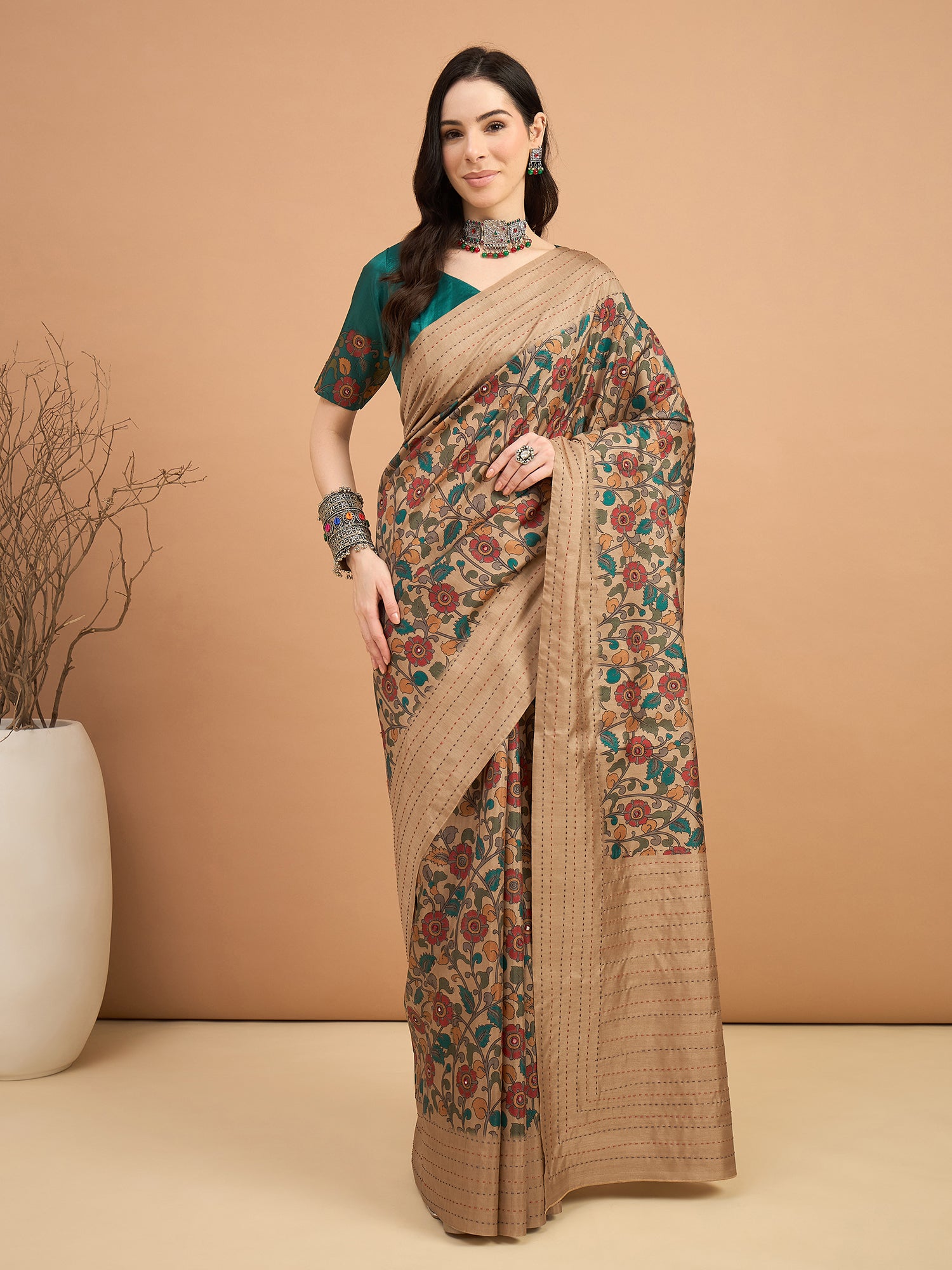 KATHAKARI-Royal Beige Floral Printed Designer Saree with Elegant Teal Blouse