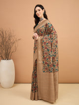 KATHAKARI-Royal Beige Floral Printed Designer Saree with Elegant Teal Blouse