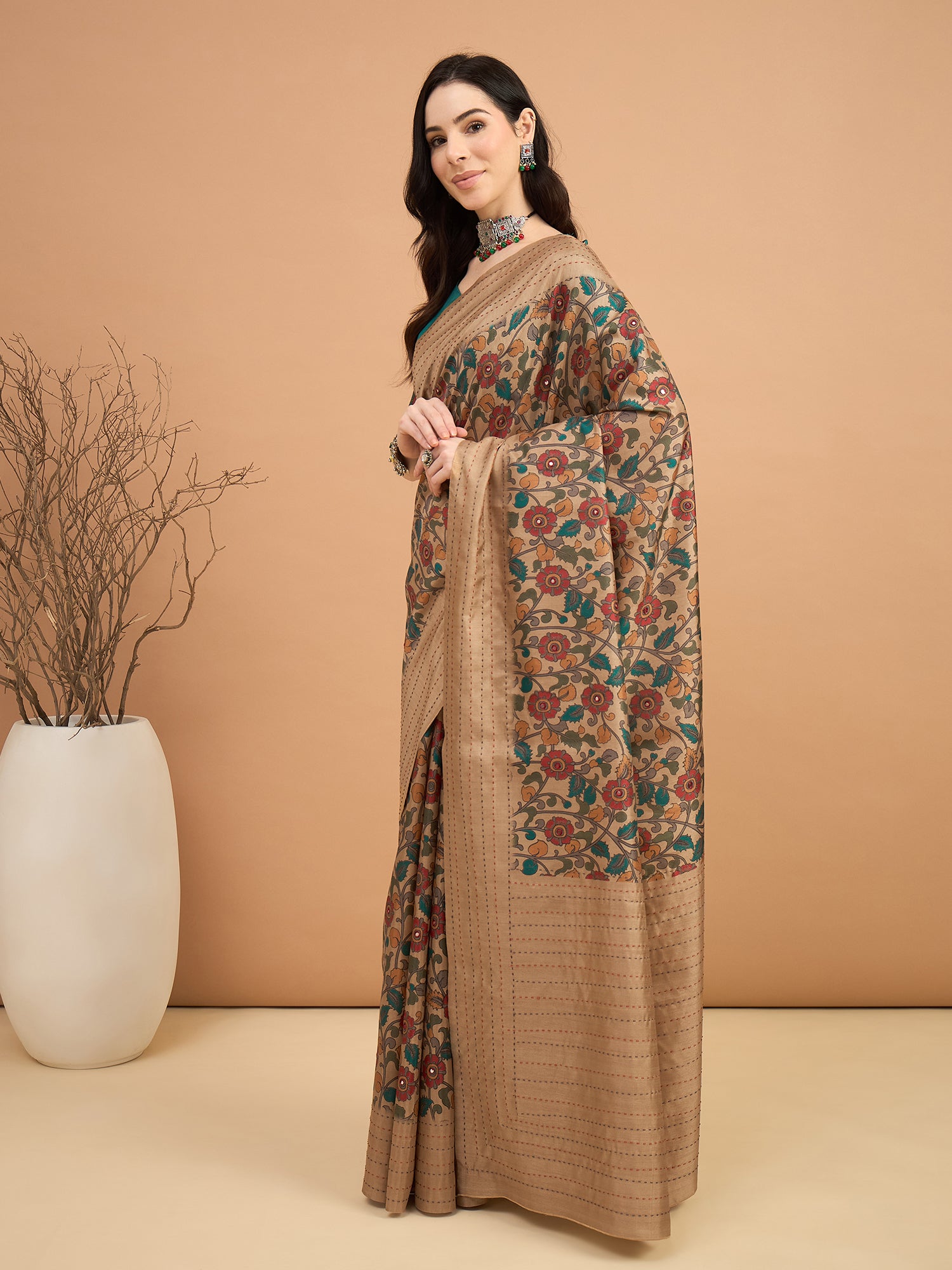 KATHAKARI-Royal Beige Floral Printed Designer Saree with Elegant Teal Blouse