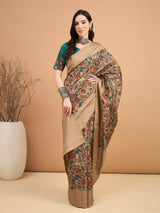 KATHAKARI-Royal Beige Floral Printed Designer Saree with Elegant Teal Blouse
