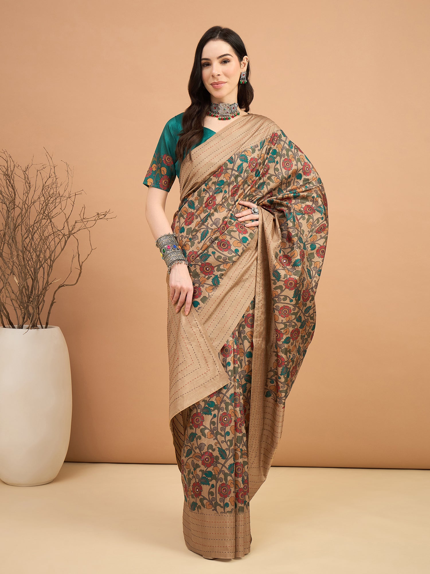 KATHAKARI-Royal Beige Floral Printed Designer Saree with Elegant Teal Blouse