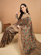 KATHAKARI-Royal Beige Floral Printed Designer Saree with Elegant Teal Blouse
