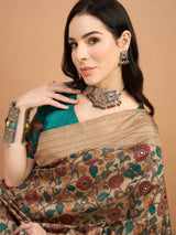 KATHAKARI-Royal Beige Floral Printed Designer Saree with Elegant Teal Blouse