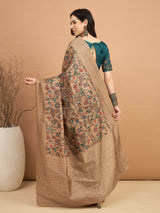 KATHAKARI-Elegant beige saree with intricate multicolor floral and vine print