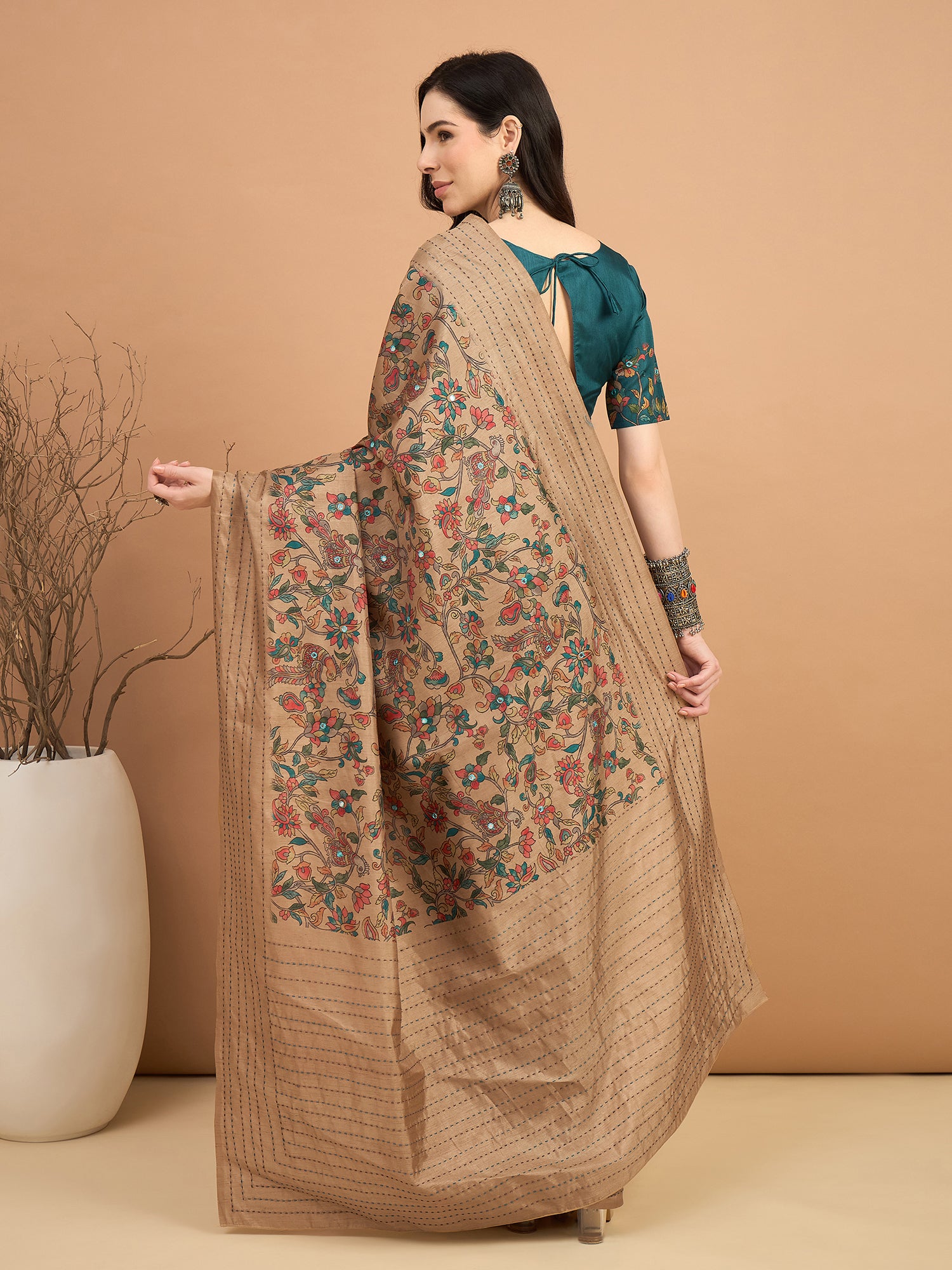 KATHAKARI-Elegant beige saree with intricate multicolor floral and vine print
