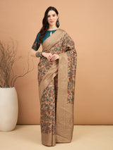 KATHAKARI-Elegant beige saree with intricate multicolor floral and vine print