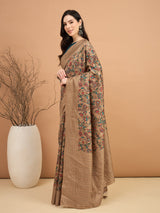 KATHAKARI-Elegant beige saree with intricate multicolor floral and vine print