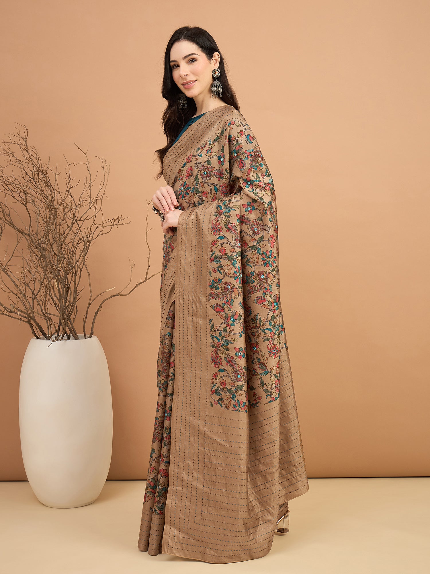 KATHAKARI-Elegant beige saree with intricate multicolor floral and vine print