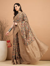 KATHAKARI-Elegant beige saree with intricate multicolor floral and vine print
