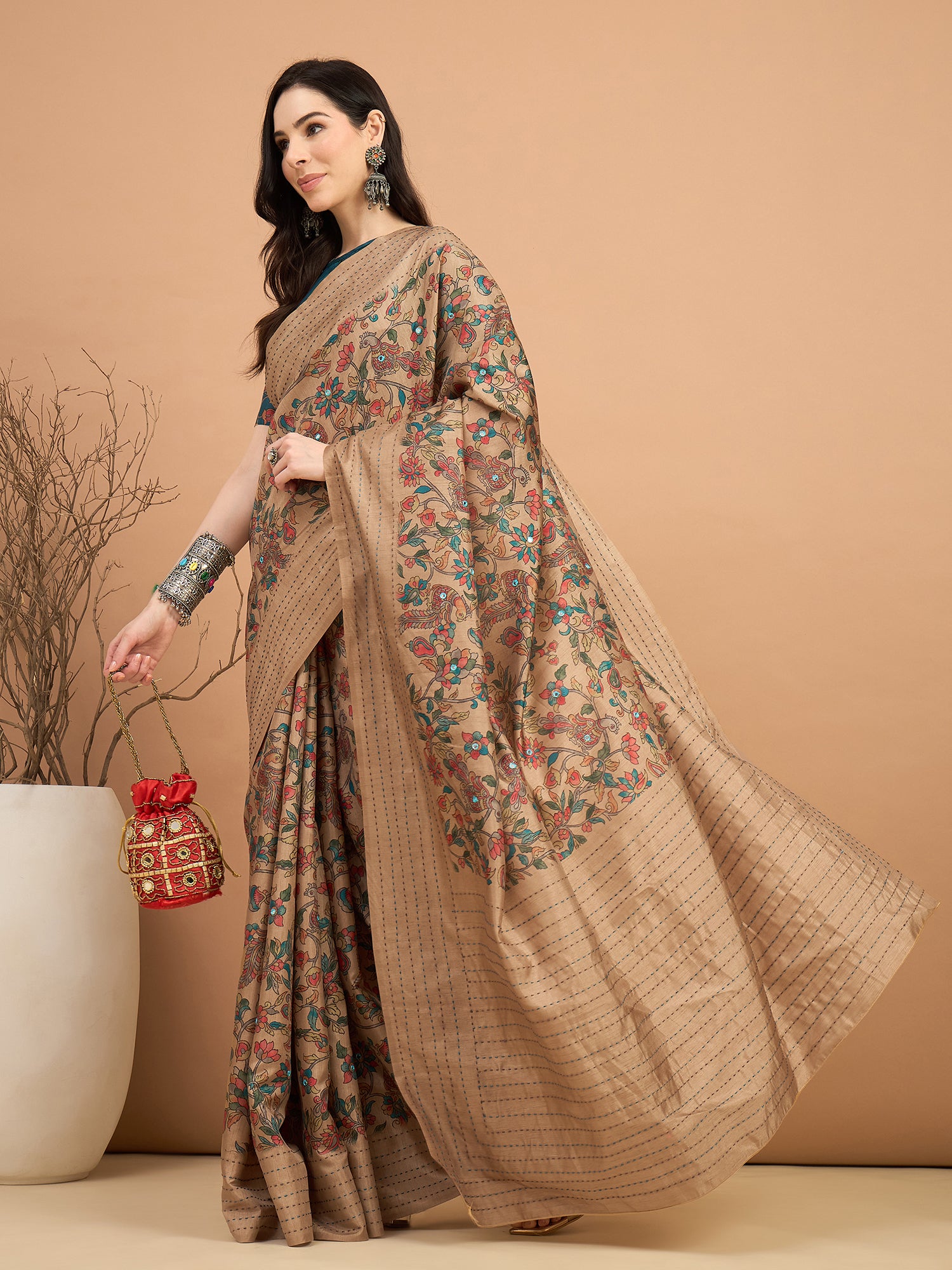KATHAKARI-Elegant beige saree with intricate multicolor floral and vine print