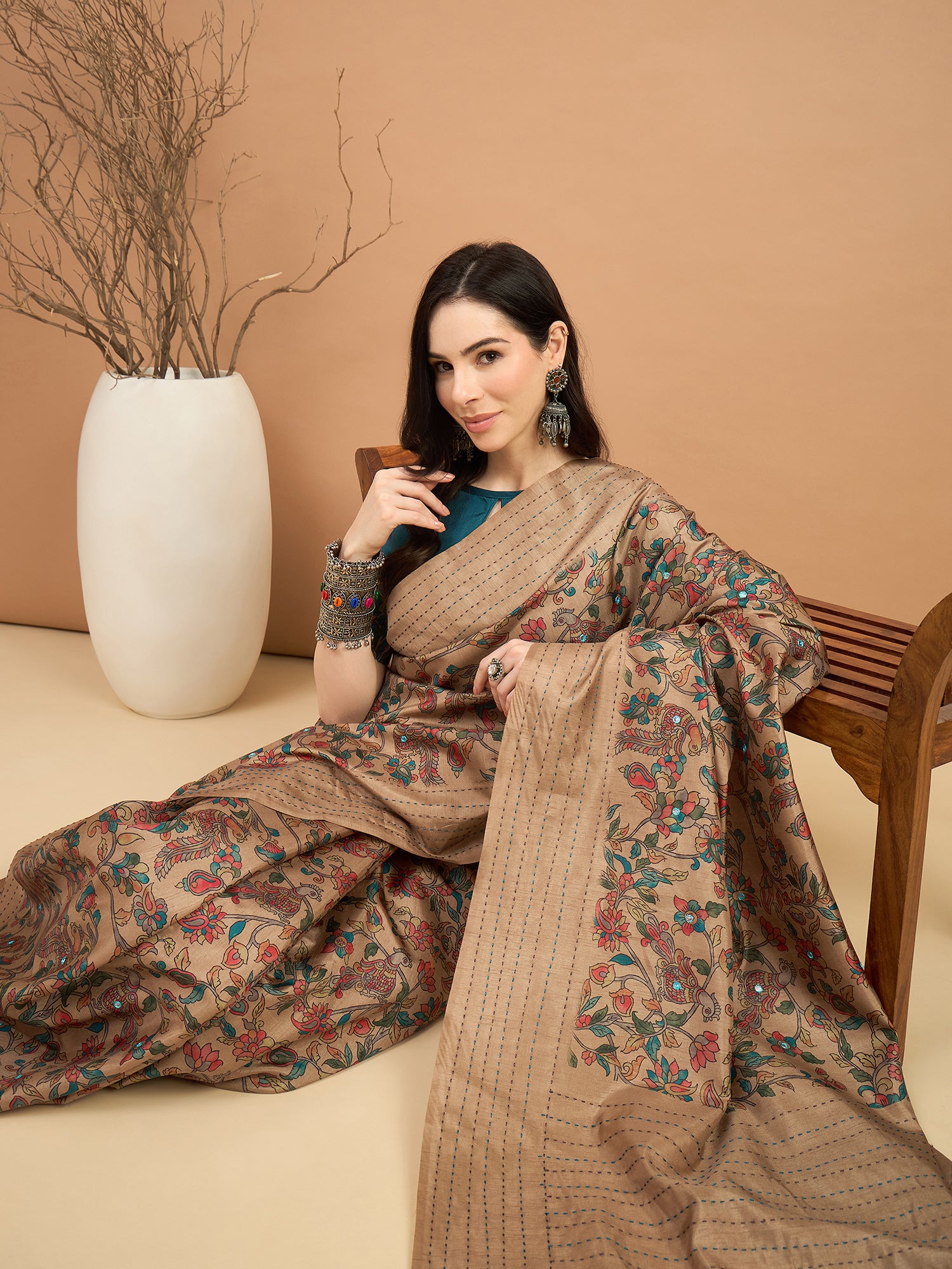 KATHAKARI-Elegant beige saree with intricate multicolor floral and vine print