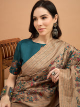 KATHAKARI-Elegant beige saree with intricate multicolor floral and vine print