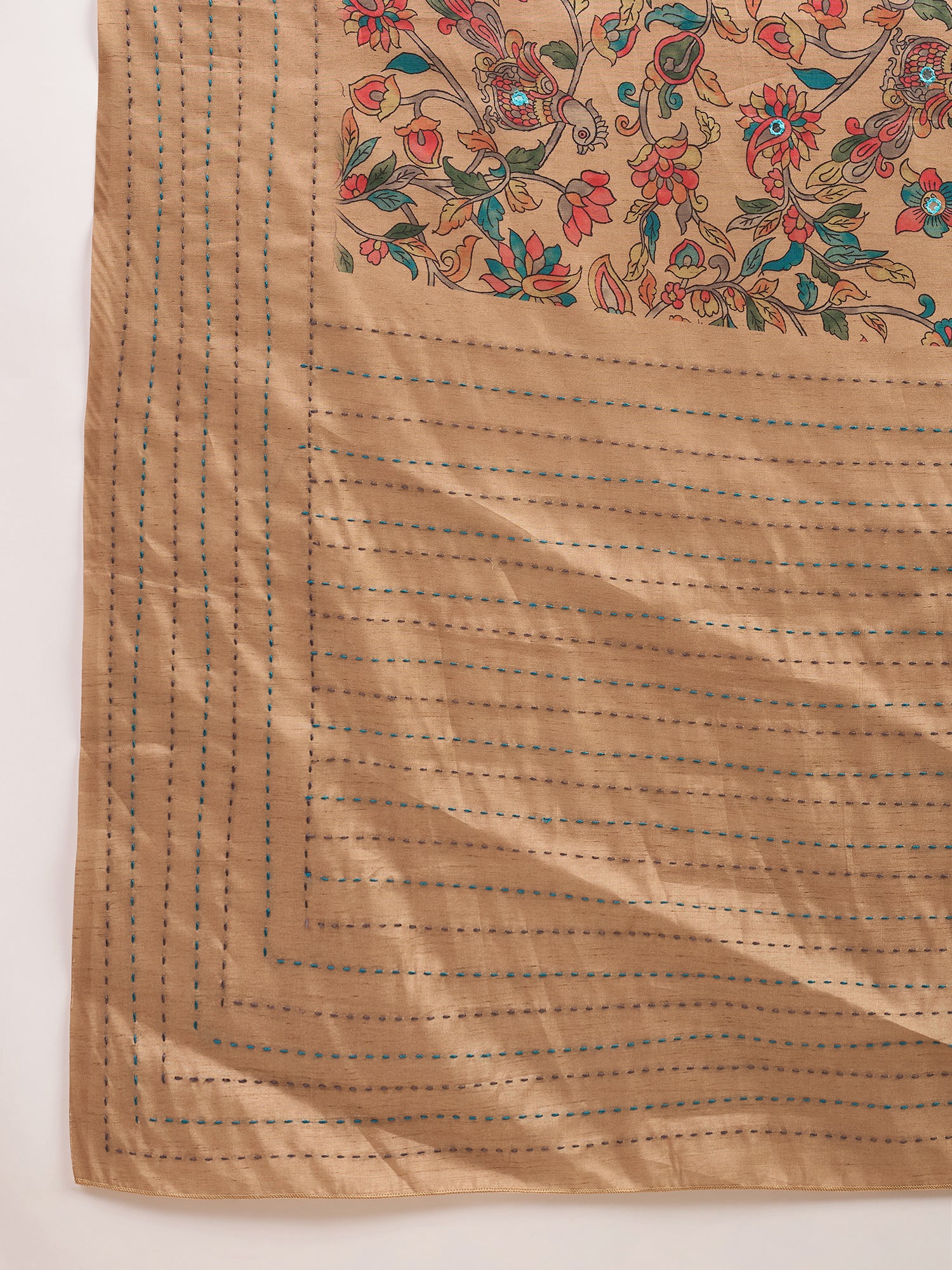 KATHAKARI-Elegant beige saree with intricate multicolor floral and vine print